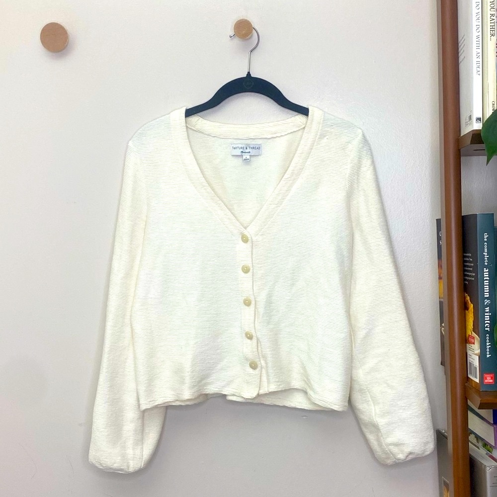 Madewell White Button Down Bubble Sleeve Cropped Cardigan - Size Small